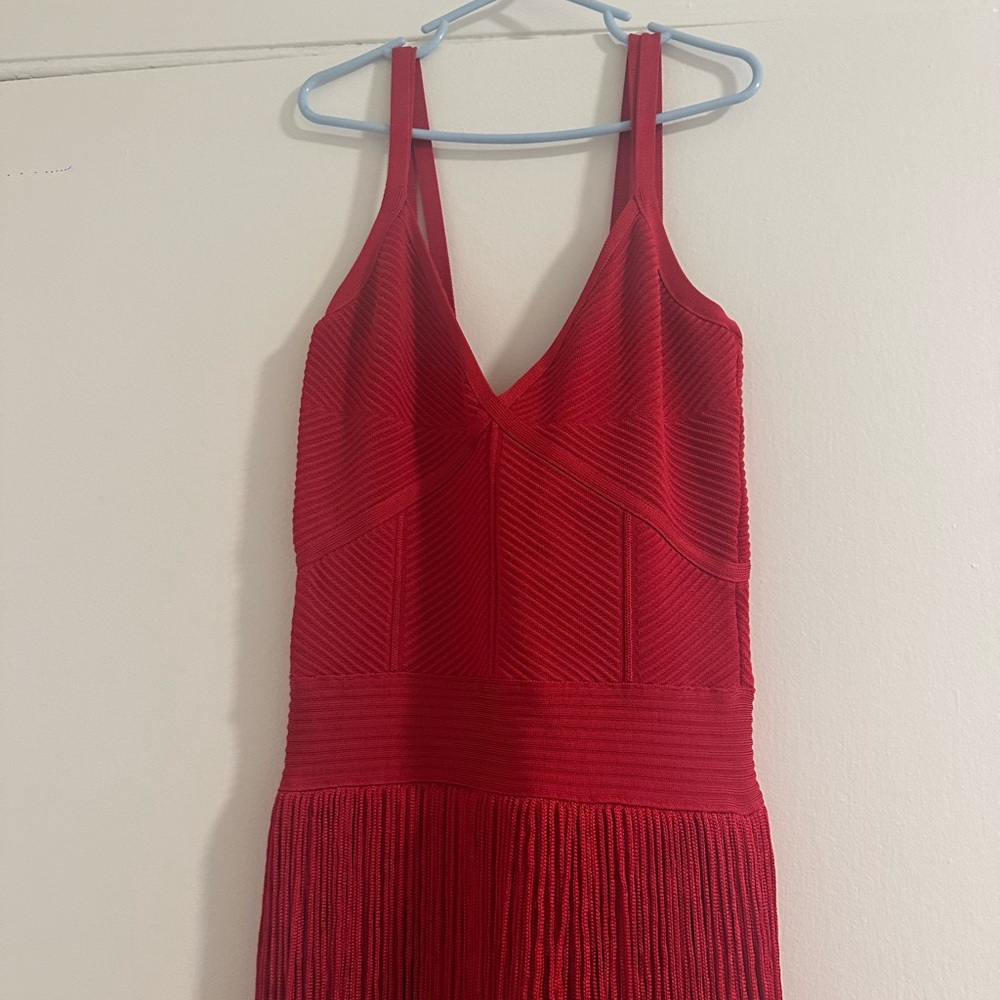 Herve Leger Holly Red Fringe Maxi Dress in Red Rio XS - Picture 4 of 5